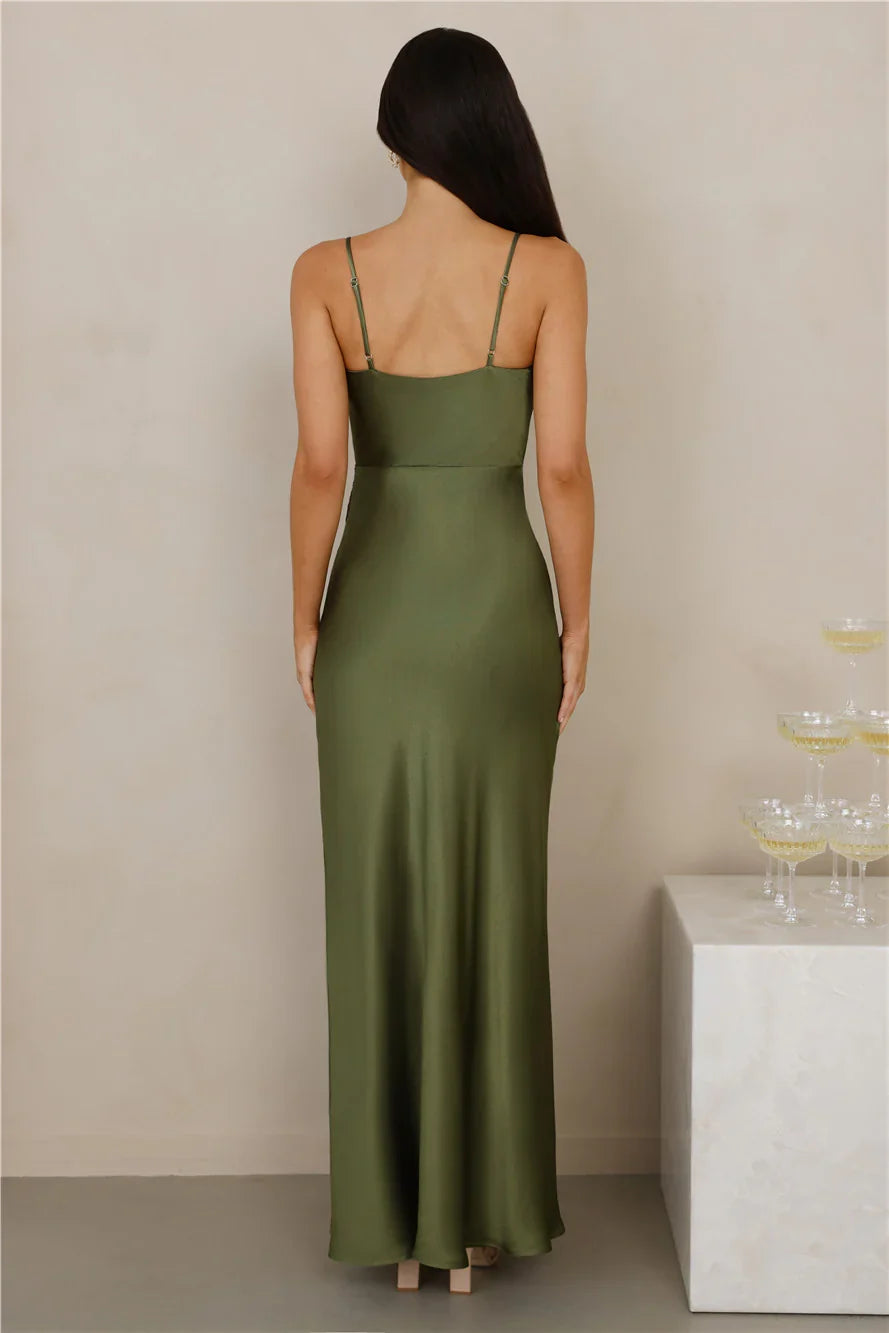 The Violetta Satin Maxi Dress Olive