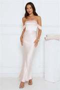 Hot Girl Diaries Off Shoulder Satin Maxi Dress Pink