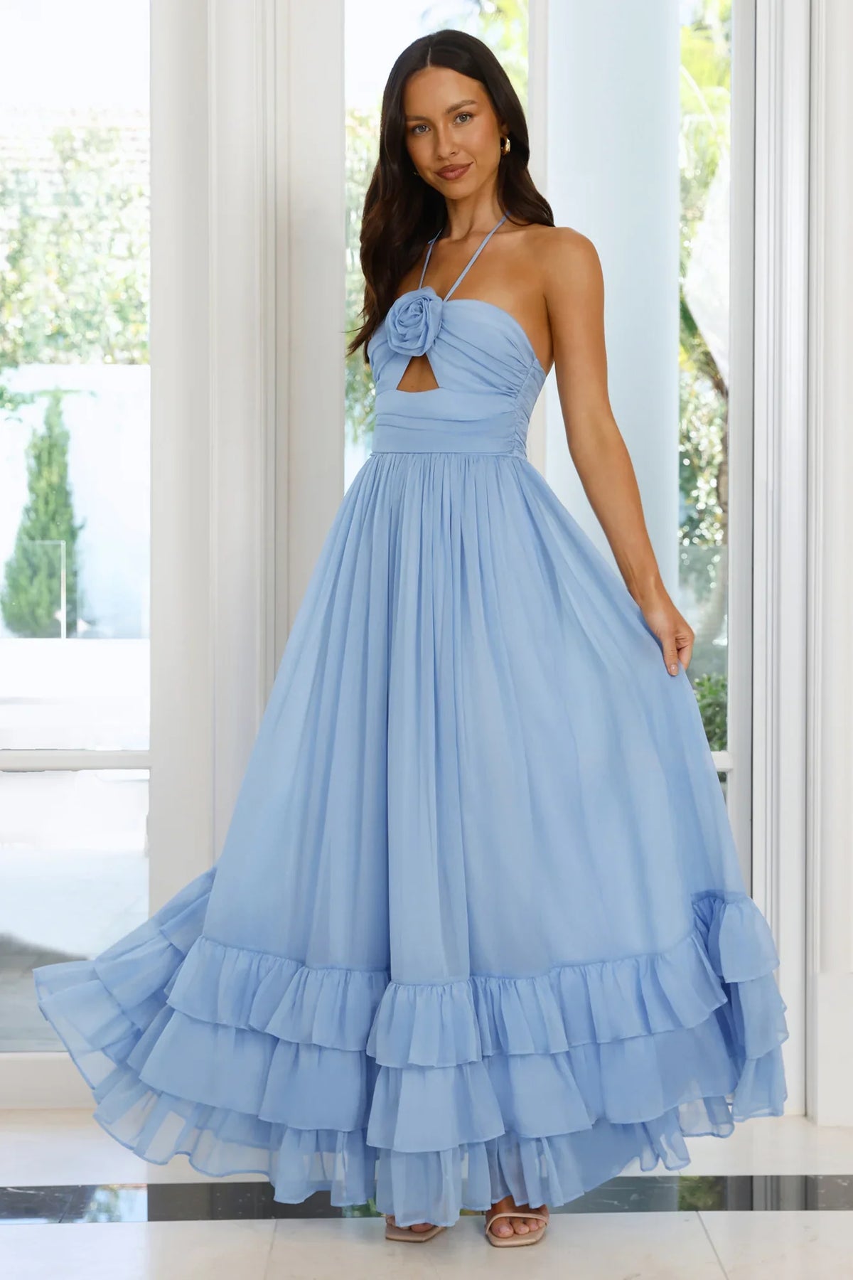 Enchanted Bloom Halter Maxi Dress Blue