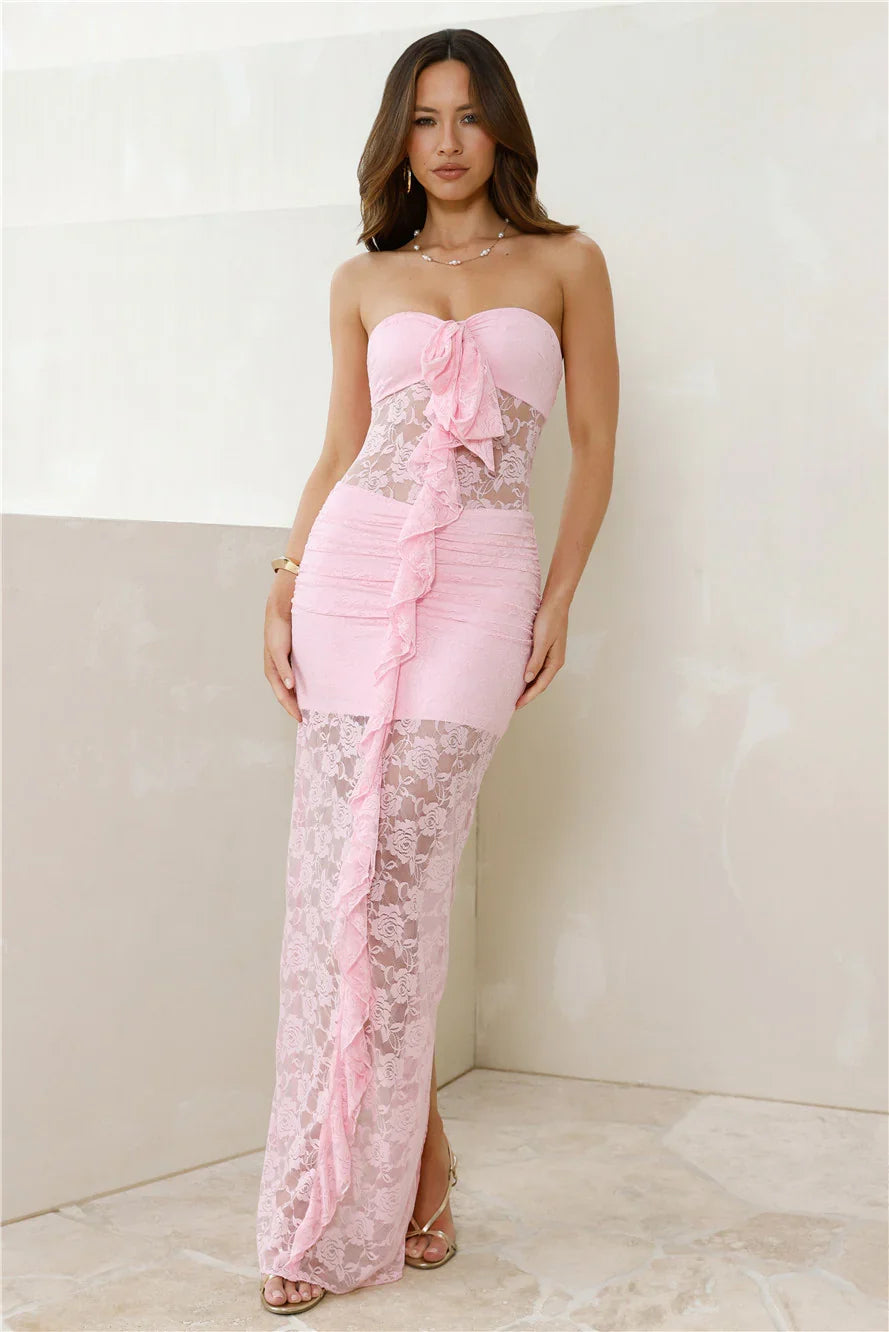 Princess Perks Strapless Lace Maxi Dress Pink