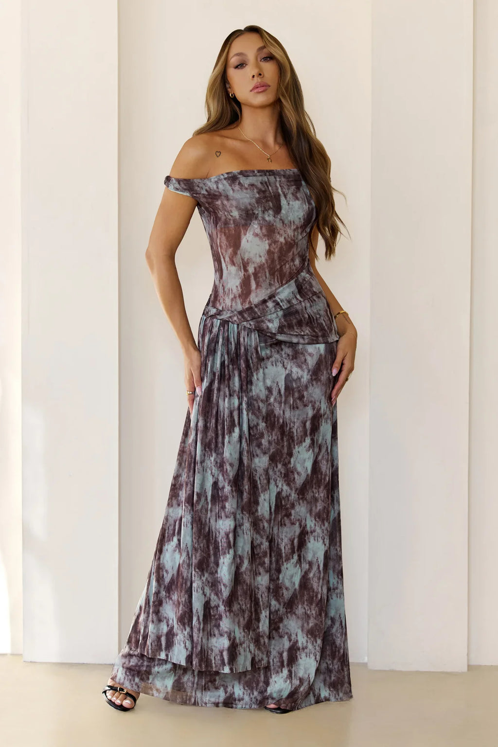 Mystic Marble Print Off Shoulder Maxi Dress Teal