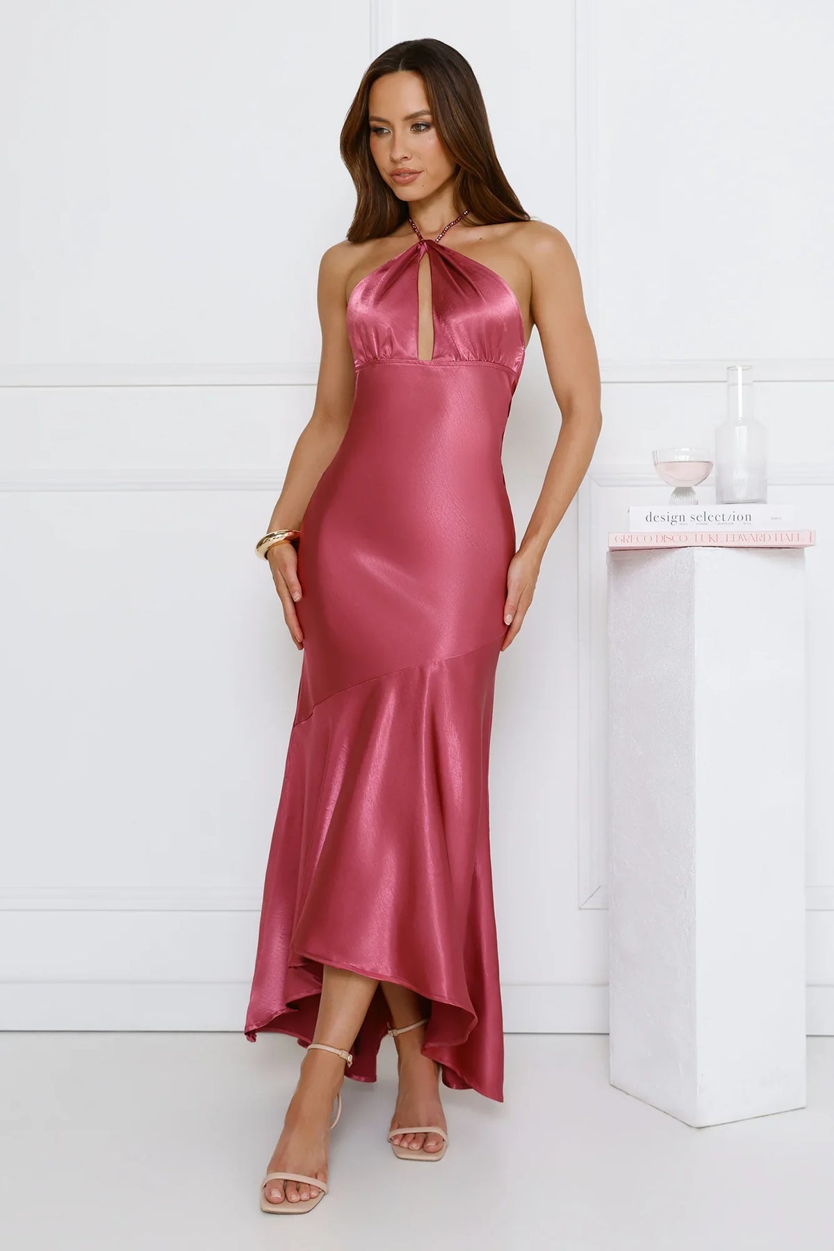 Silken Affair Halter Satin Maxi Dress Rose