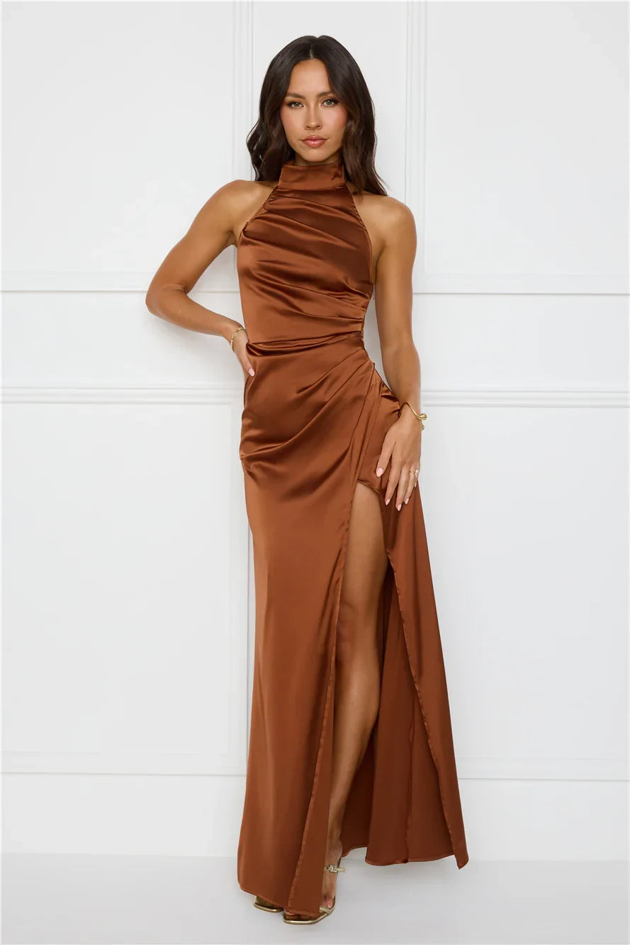 Sonnet Satin Halter Maxi Dress Chocolate