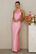 The Cleo Halter Satin Maxi Dress Candy