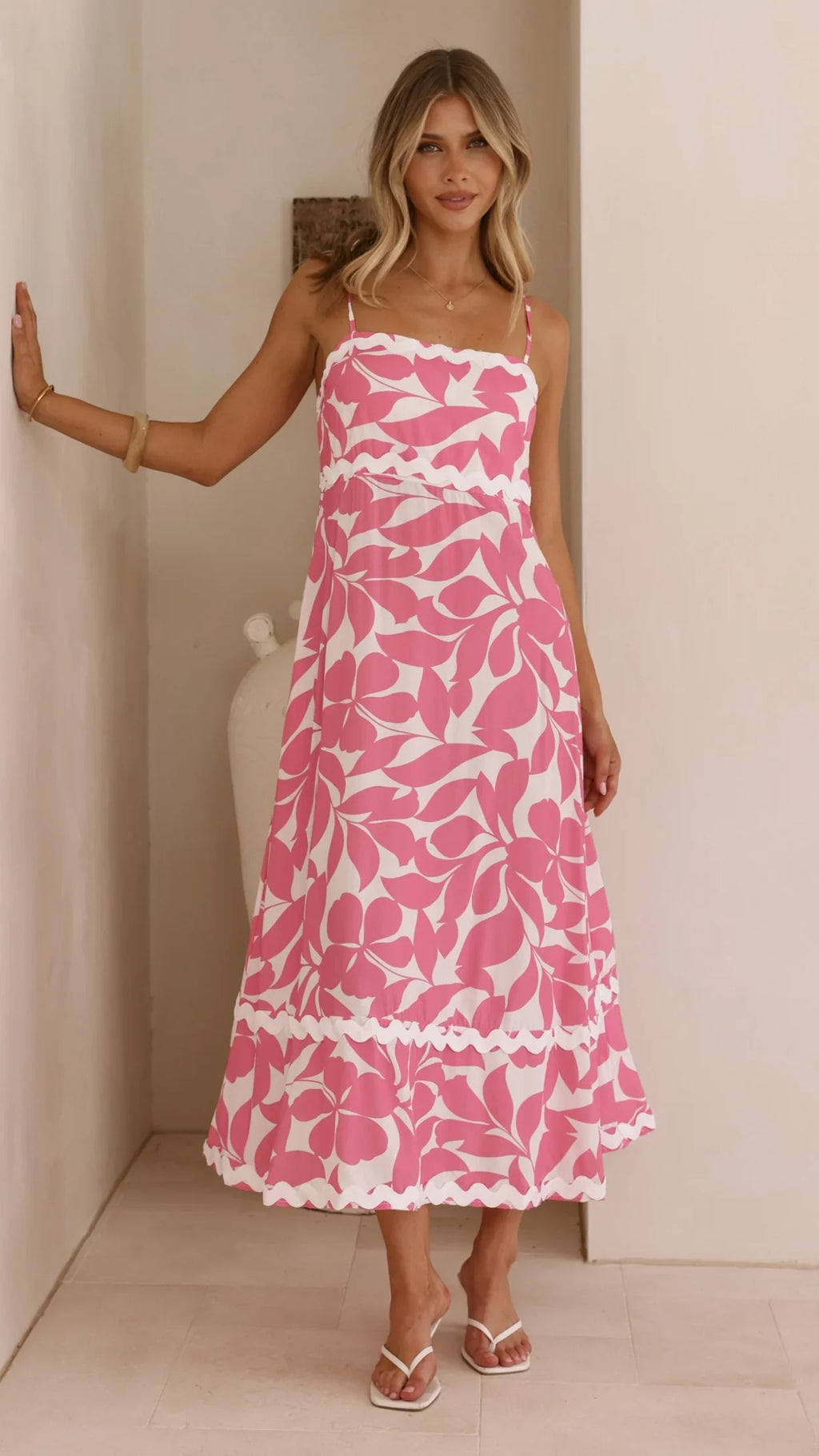 Seraphina Midi Dress - Fuchsia/White Print