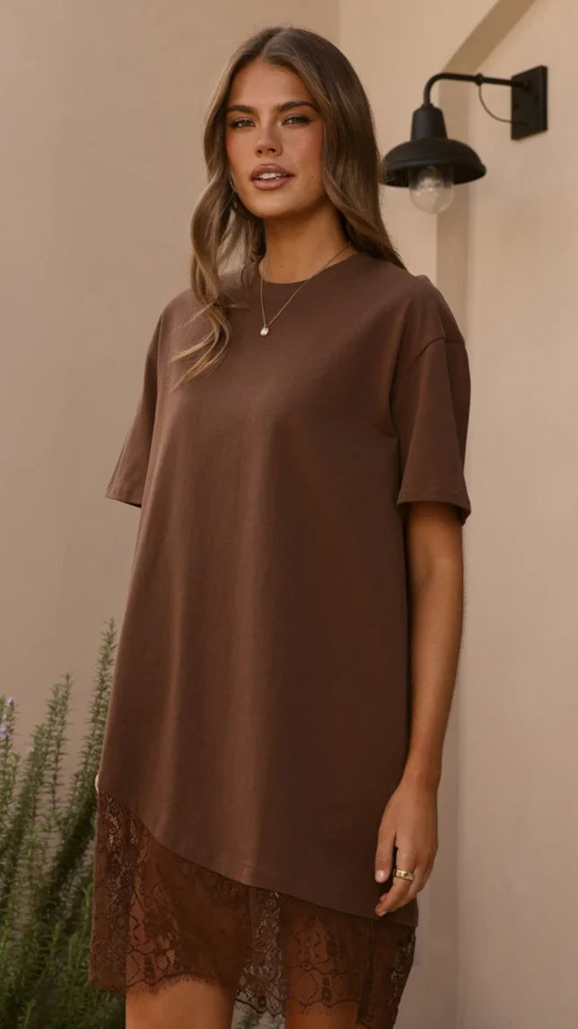 Avei Lace T-Shirt Mini Dress - Chocolate