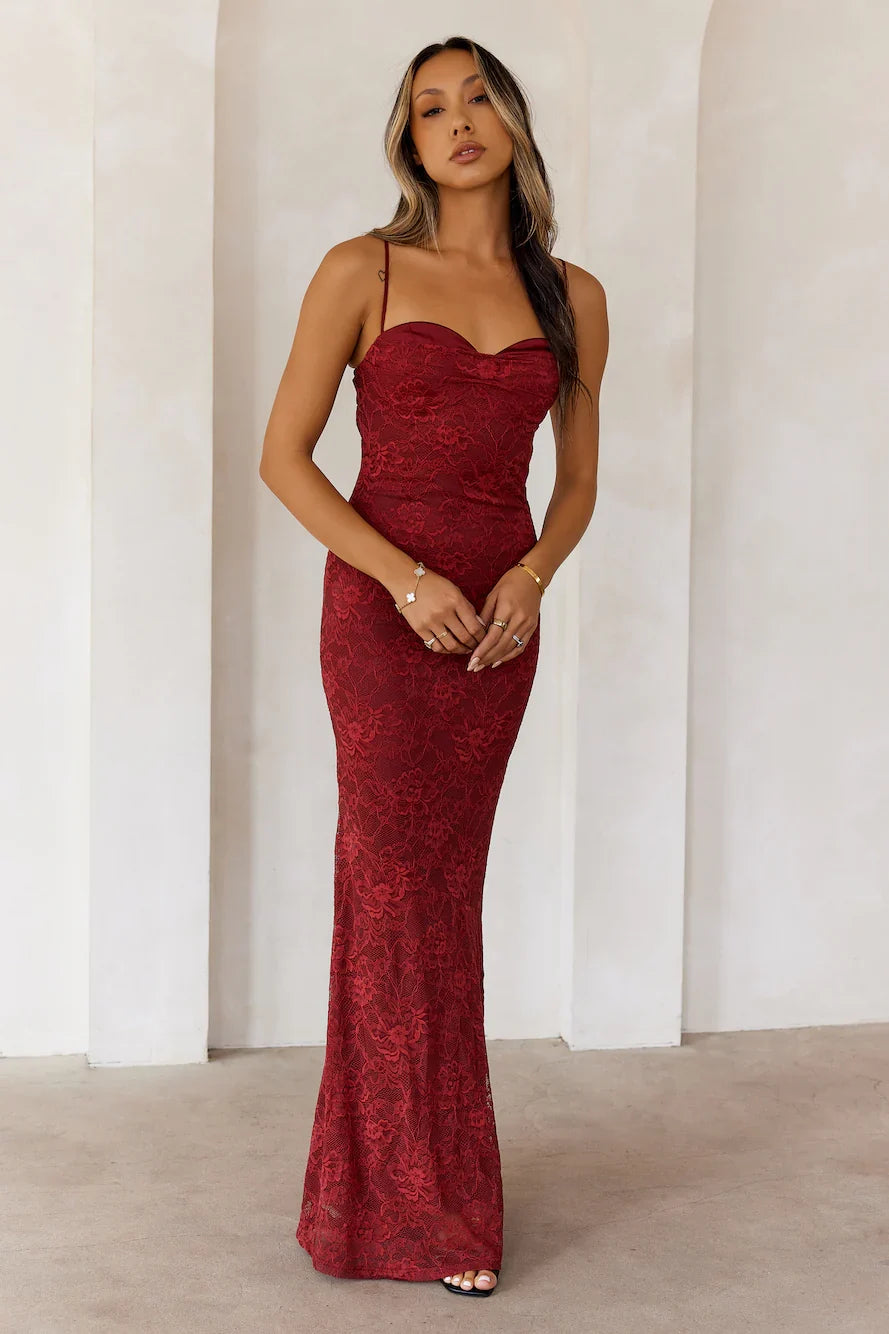 Chasing Midnight Lace Maxi Dress Wine