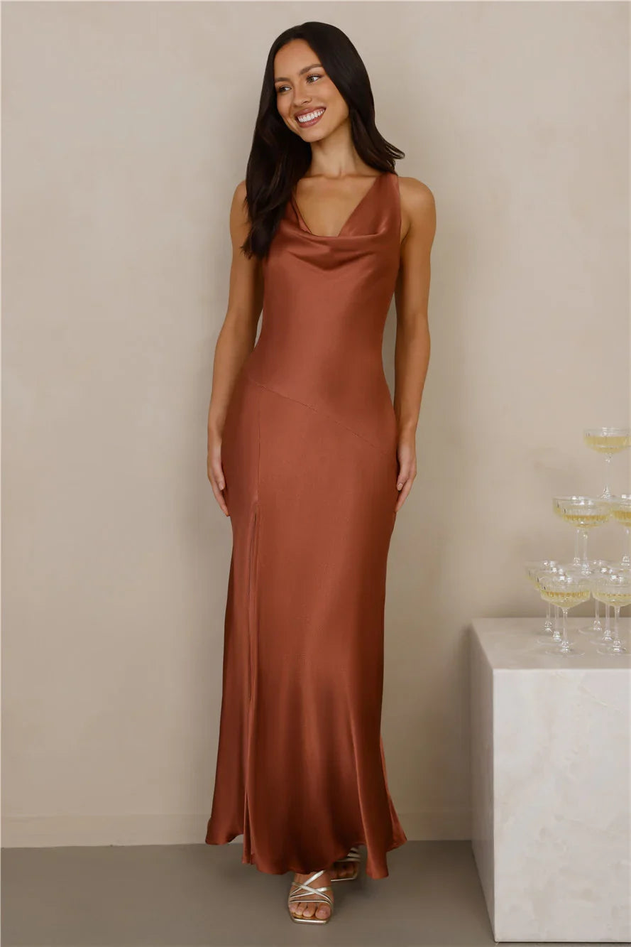The Loretta Cowl Satin Maxi Dress Copper