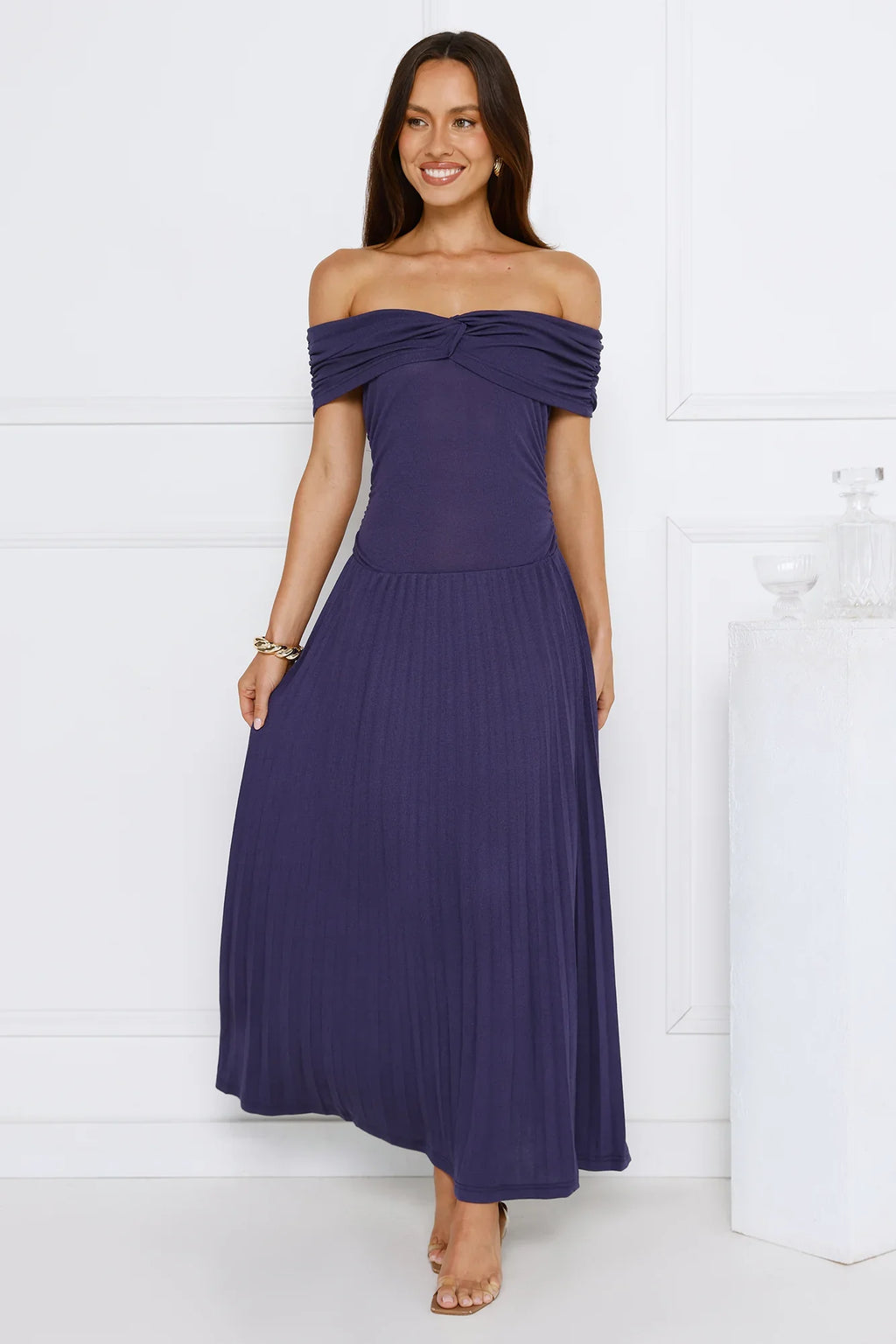 Nikita Off Shoulder Ribbed Maxi Dress Navy