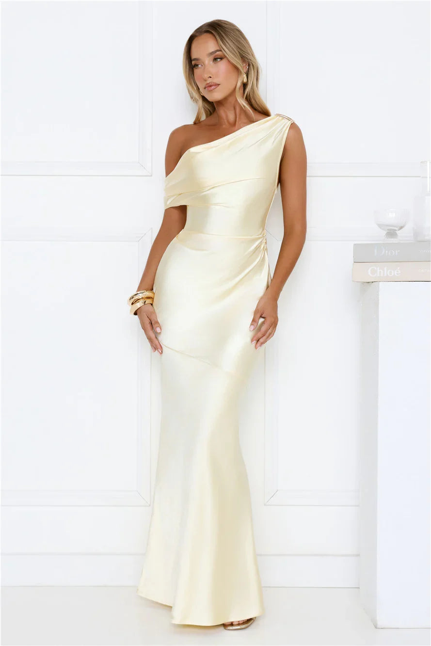 She’s A Dream Satin Off Shoulder Maxi Dress Yellow