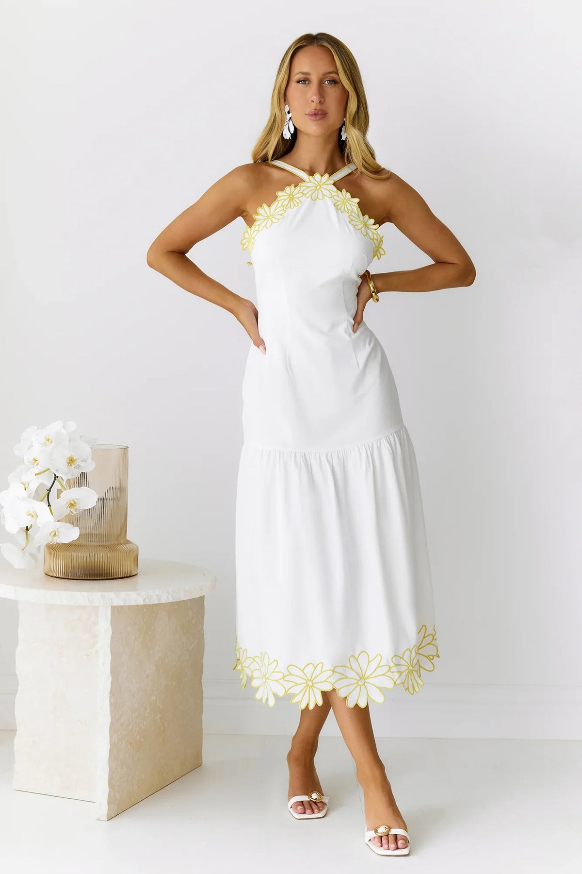Golden Petals Midi Dress White