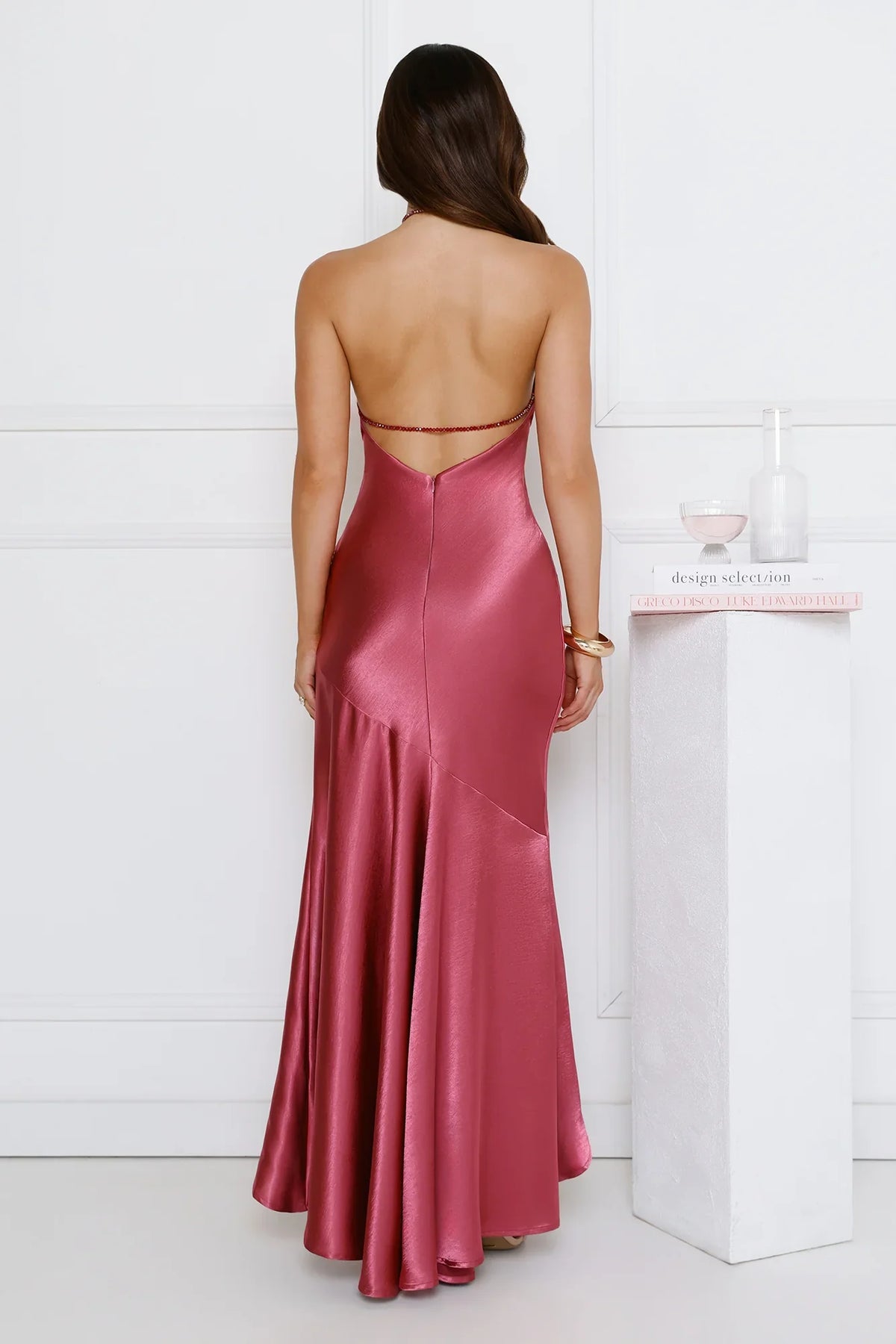 Silken Affair Halter Satin Maxi Dress Rose