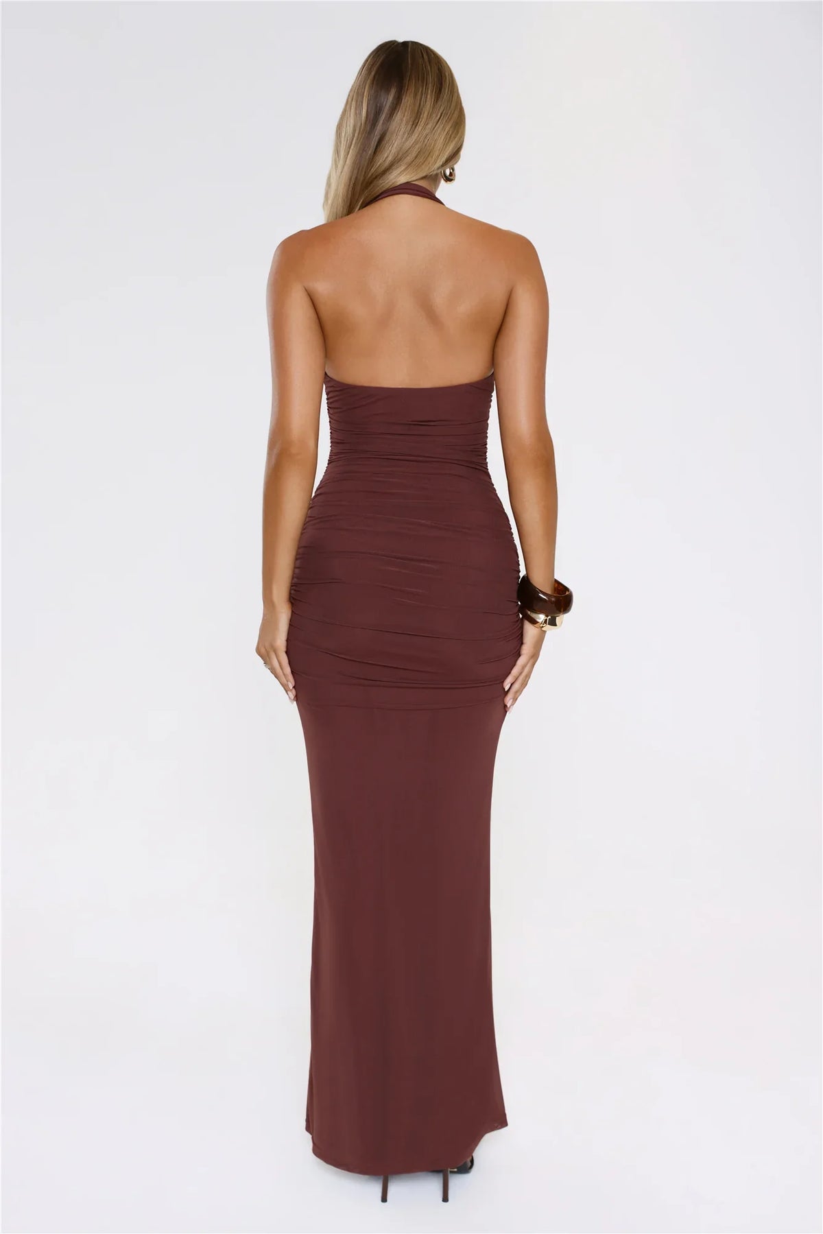 Sultry Ruched Halter Maxi Dress Chocolate