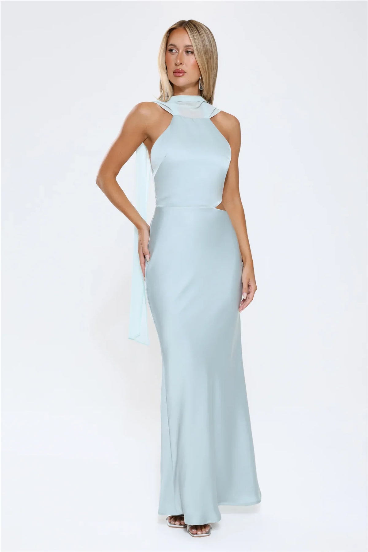 Luxe Obsession Halter Satin Maxi Dress Seafoam
