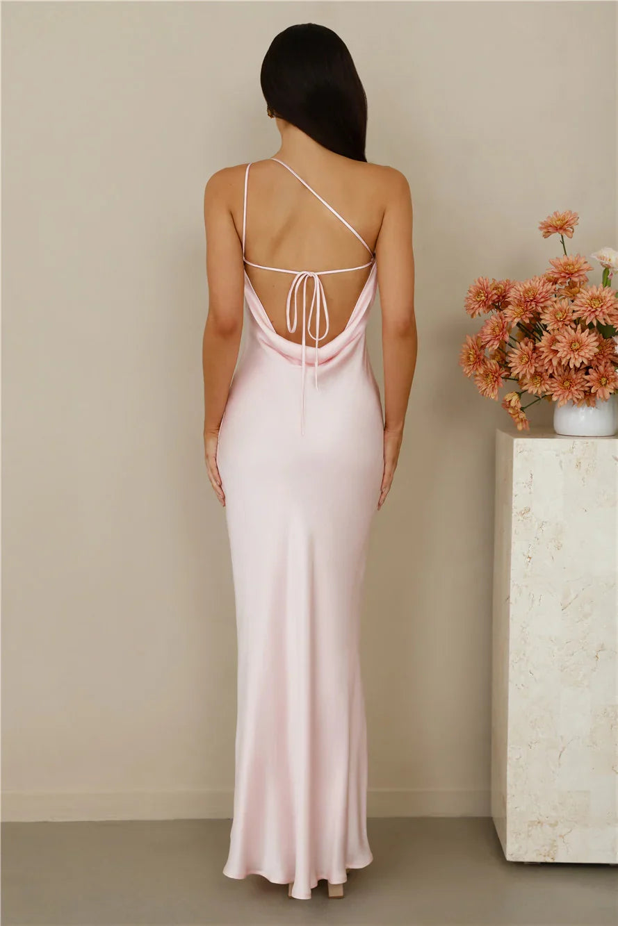 The Evangeline One Shoulder Satin Maxi Dress Pink