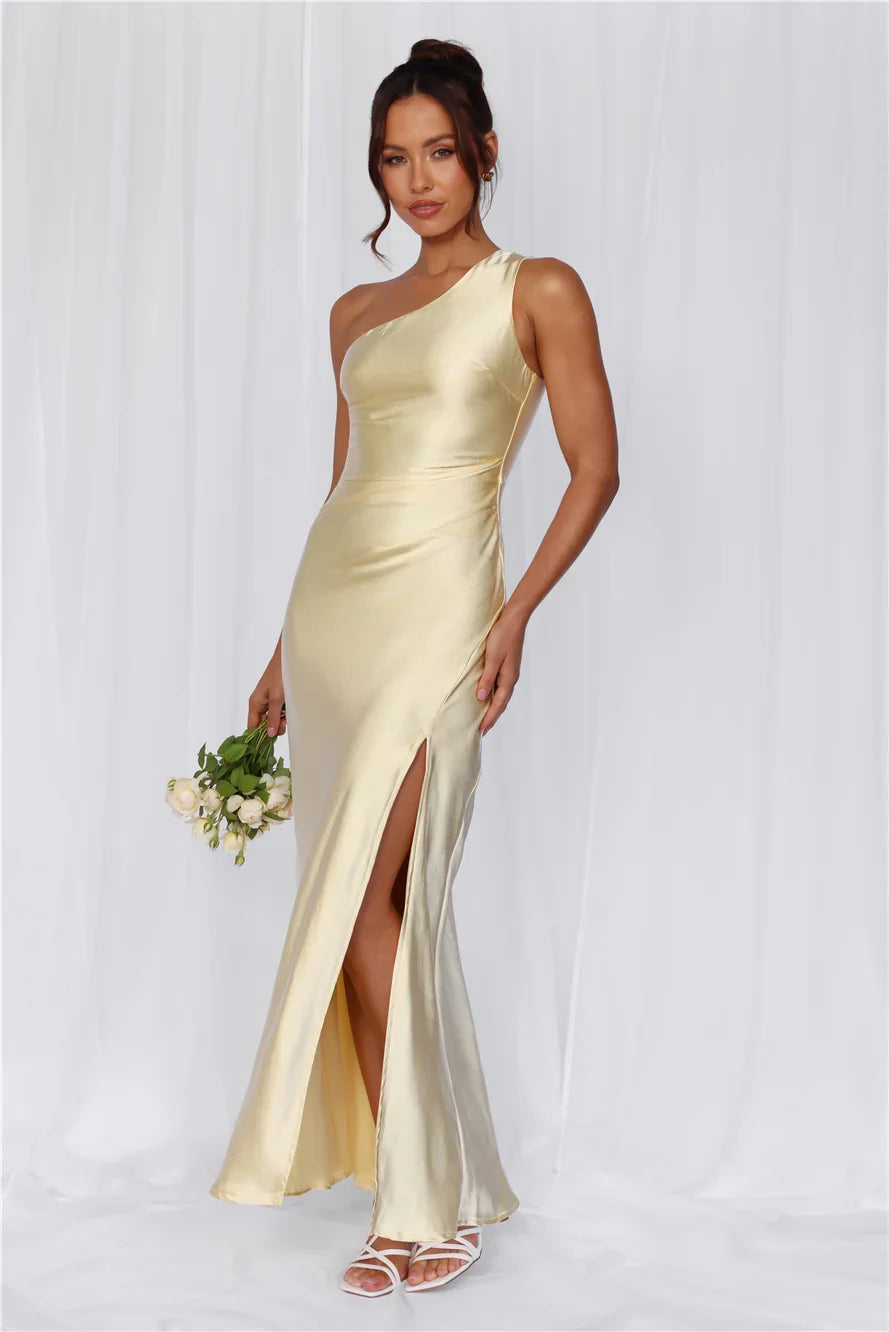The Aurora One Shoulder Satin Maxi Dress Yellow