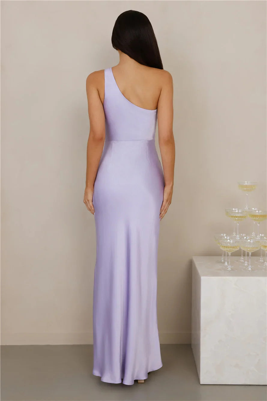 The Aurora One Shoulder Satin Maxi Dress Lilac