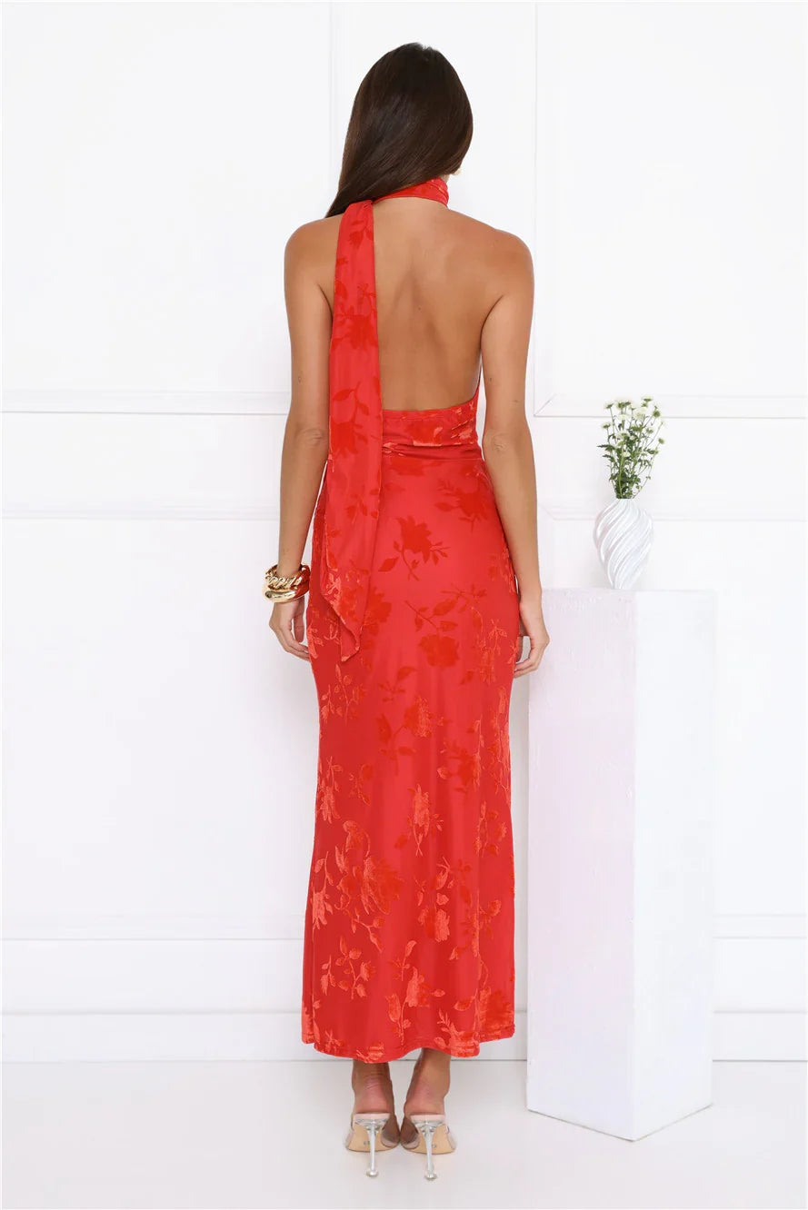Bloomlight Halter Maxi Dress Red