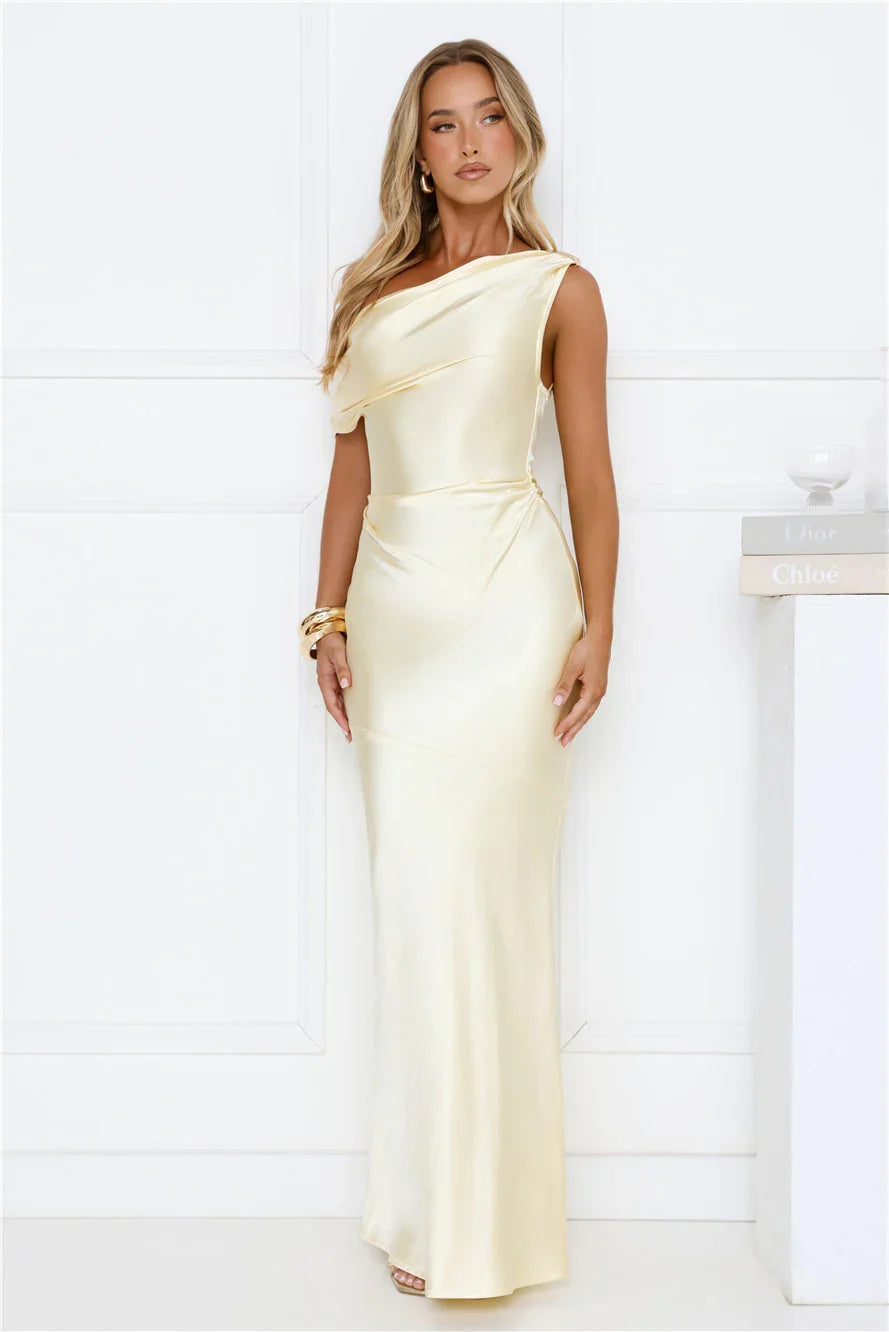 She’s A Dream Satin Off Shoulder Maxi Dress Yellow