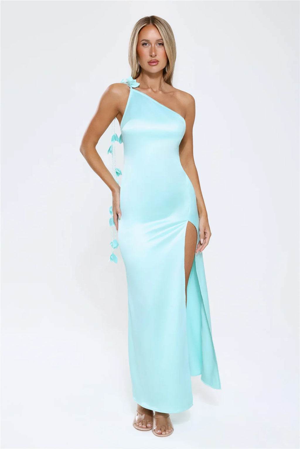 Romance Redefined One Shoulder Satin Maxi Dress Aqua