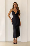 Invitation Only Satin Midi Dress Black
